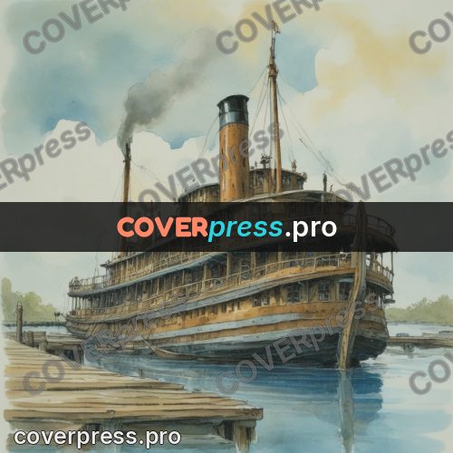 Miyazaki style illustration: old steamboat at a pier