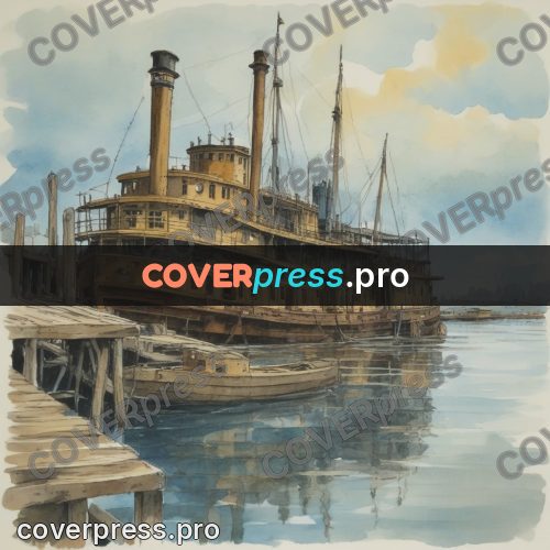 Miyazaki style illustration: old steamboat at a pier