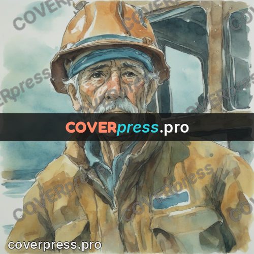 Miyazaki style illustration: old worker in a helmet