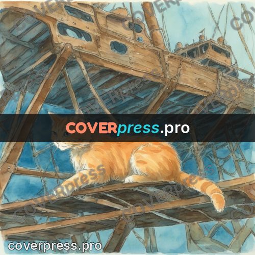 Miyazaki style illustration: ginger cat on wooden beams