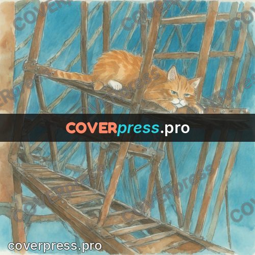 Miyazaki style illustration: ginger cat on wooden beams