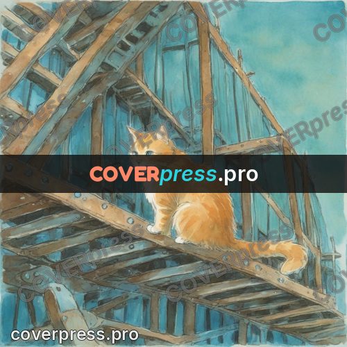Miyazaki style illustration: ginger cat on wooden beams
