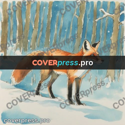 Miyazaki style illustration: red fox in the snow