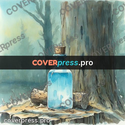 Miyazaki style illustration: blue bottle by a tree