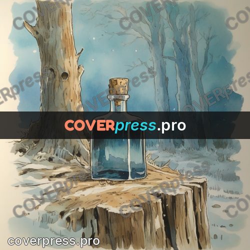 Miyazaki style illustration: blue bottle by a tree
