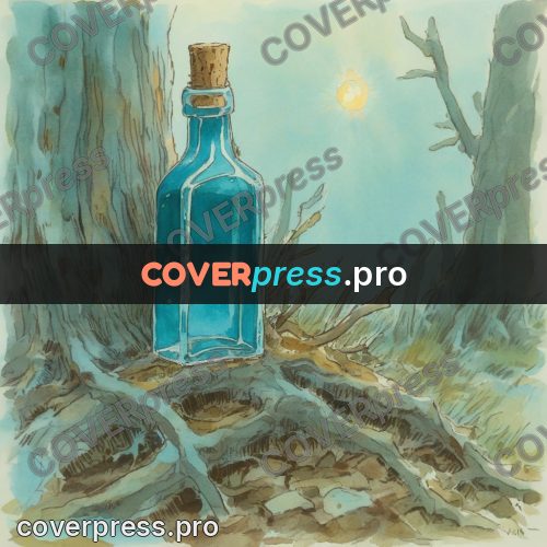 Miyazaki style illustration: blue bottle by a tree