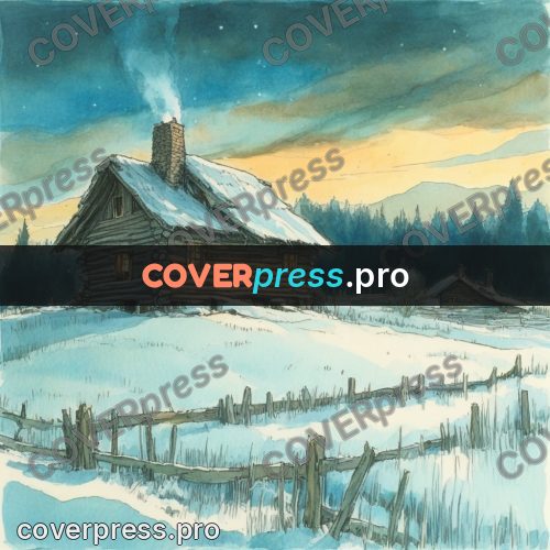Miyazaki style illustration: log house in the snow