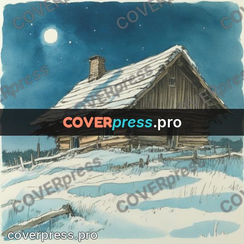 Miyazaki style illustration: log house in the snow