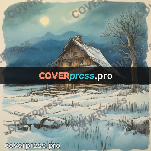 Miyazaki style illustration: log house in the snow