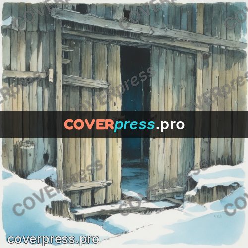 Miyazaki style illustration: barn door in the snow