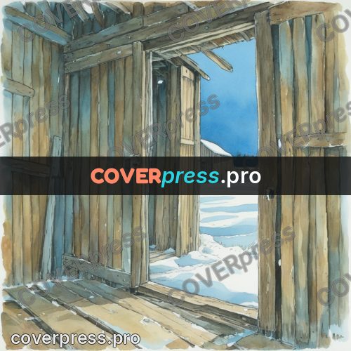 Miyazaki style illustration: barn door in the snow