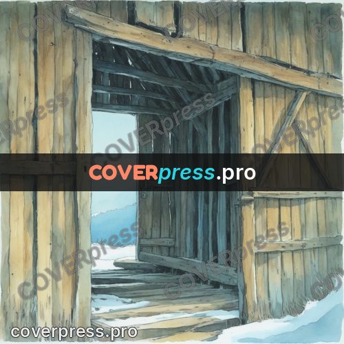 Miyazaki style illustration: barn door in the snow