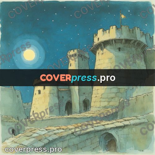 Miyazaki style illustration: stone castle under the moon
