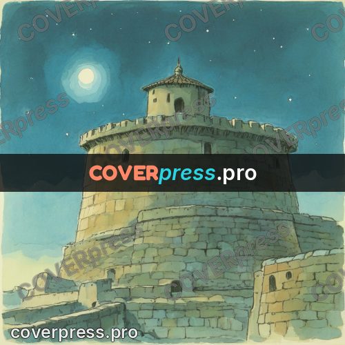 Miyazaki style illustration: stone castle under the moon