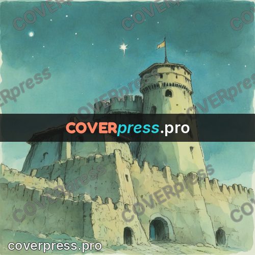 Miyazaki style illustration: stone castle under the moon