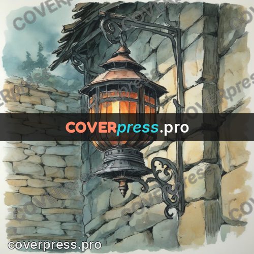 Miyazaki style illustration: lantern on a stone wall