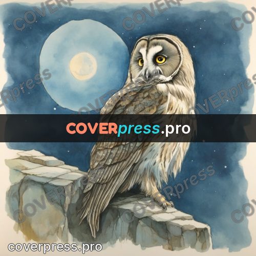 Miyazaki style illustration: owl on a stone at night
