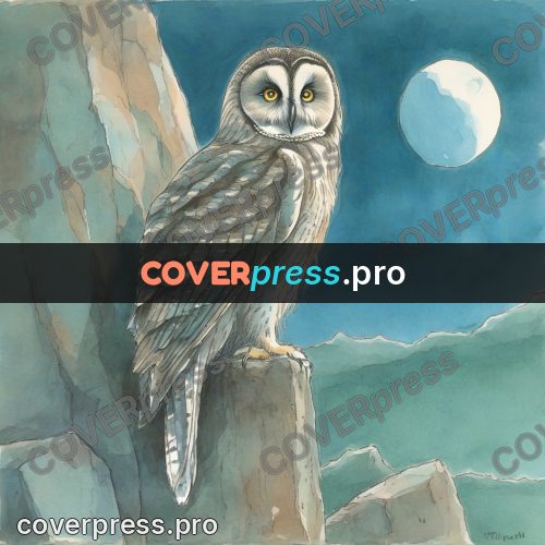 Miyazaki style illustration: owl on a stone at night