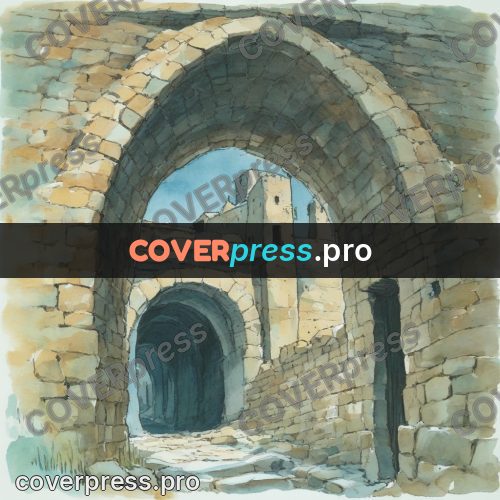 Miyazaki style illustration: stone arch over a street
