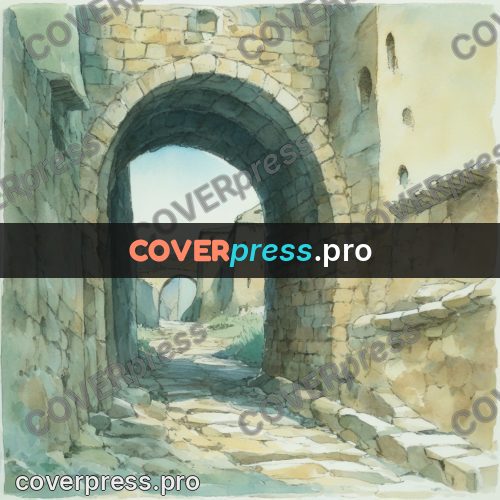 Miyazaki style illustration: stone arch over a street