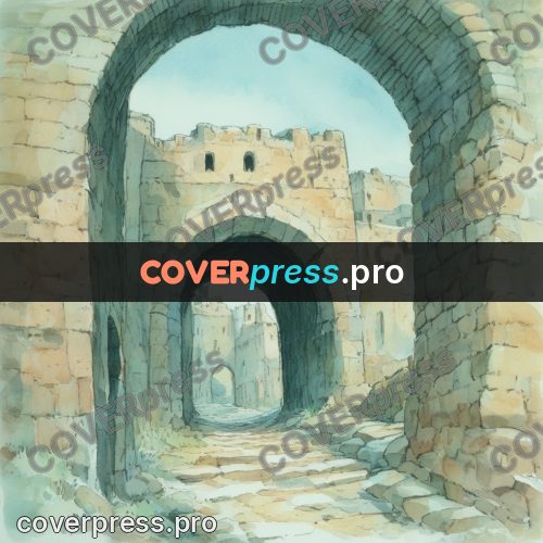 Miyazaki style illustration: stone arch over a street
