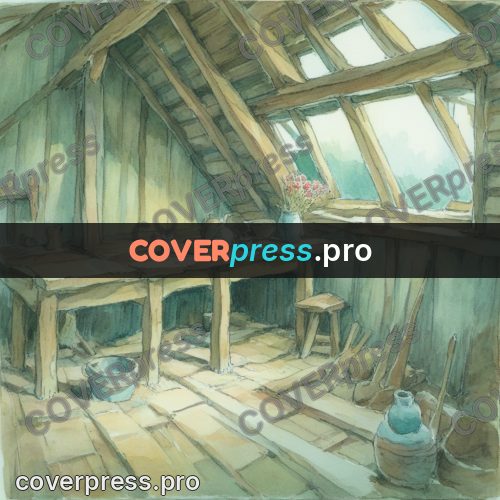 Miyazaki style illustration: workshop under a sloping roof