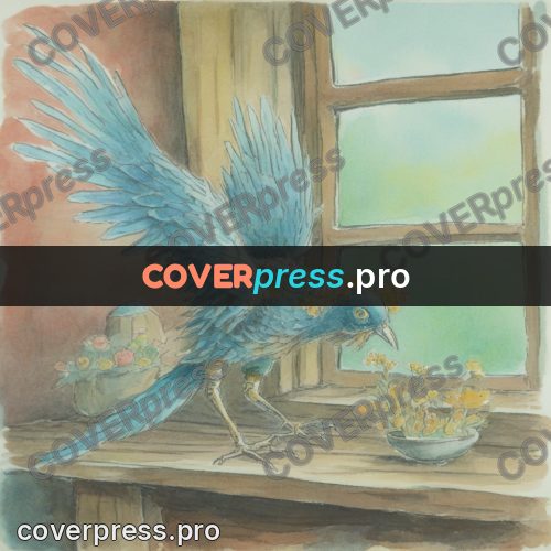 Miyazaki style illustration: bird on a wooden table