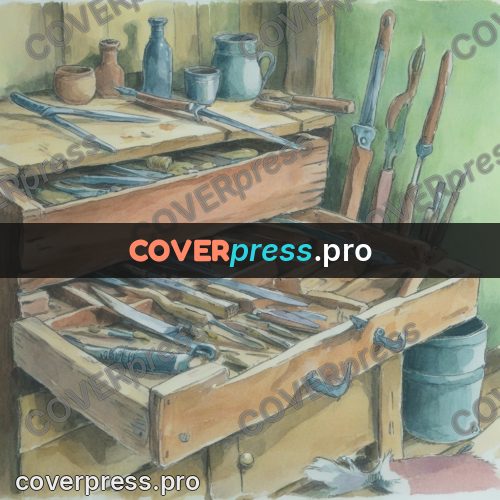 Miyazaki style illustration: workbench with tools