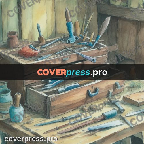 Miyazaki style illustration: workbench with tools