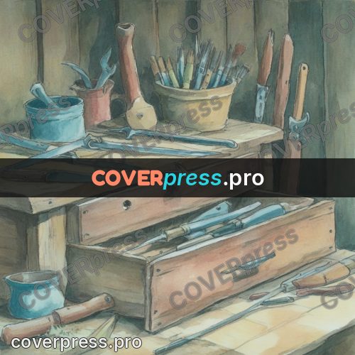 Miyazaki style illustration: workbench with tools