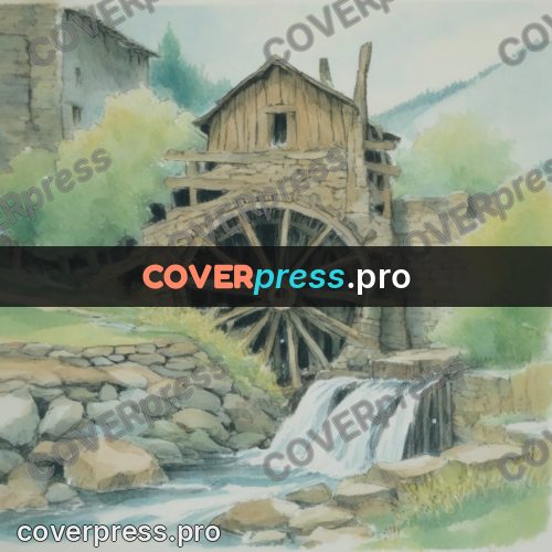 Miyazaki style illustration: watermill with a wheel