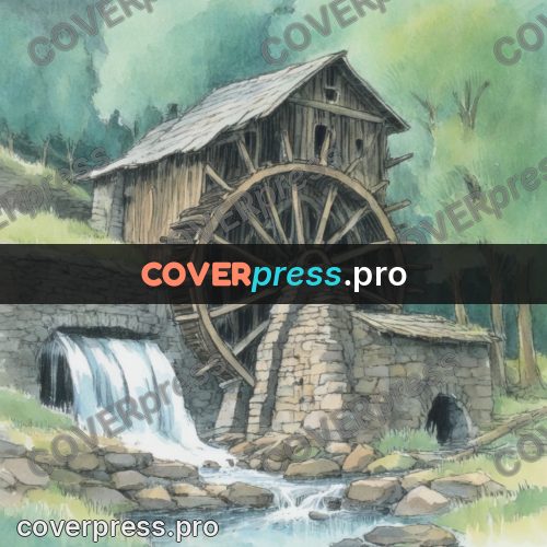 Miyazaki style illustration: watermill with a wheel