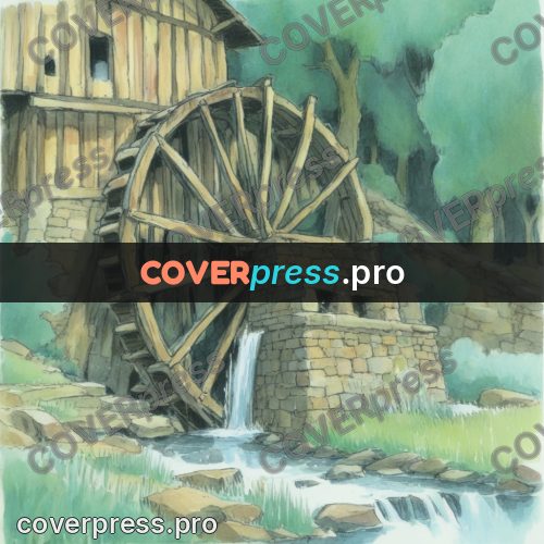Miyazaki style illustration: watermill with a wheel