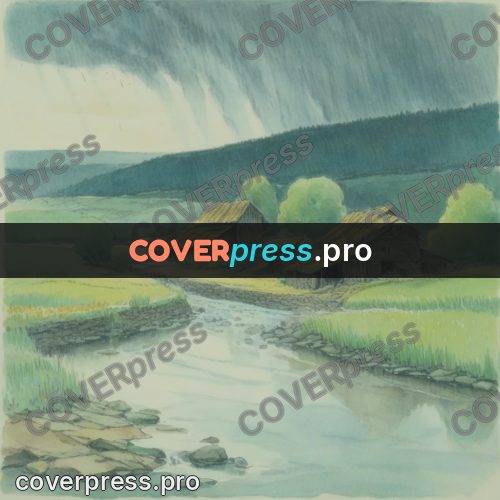 Miyazaki style illustration: village by a river in hills
