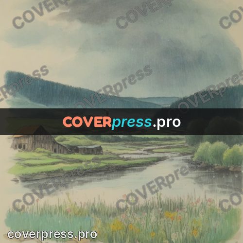 Miyazaki style illustration: village by a river in hills