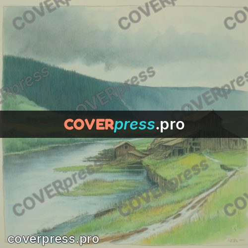 Miyazaki style illustration: village by a river in hills