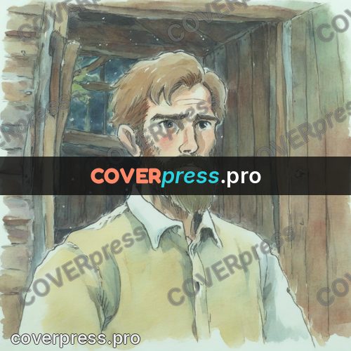Miyazaki style illustration: bearded man by a wooden wall