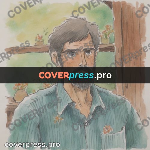 Miyazaki style illustration: bearded man by a wooden wall