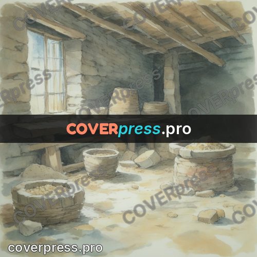 Miyazaki style illustration: millstones in a stone room