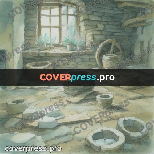 Miyazaki style illustration: millstones in a stone room