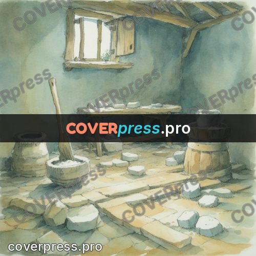Miyazaki style illustration: millstones in a stone room