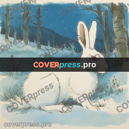 Miyazaki style illustration: white hare in the snow