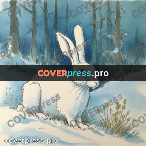 Miyazaki style illustration: white hare in the snow