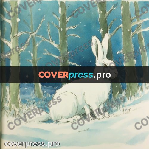 Miyazaki style illustration: white hare in the snow