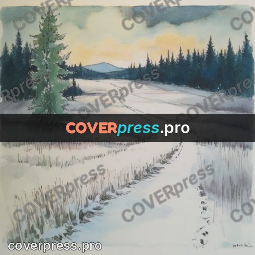 Miyazaki style illustration: road across a snowy field