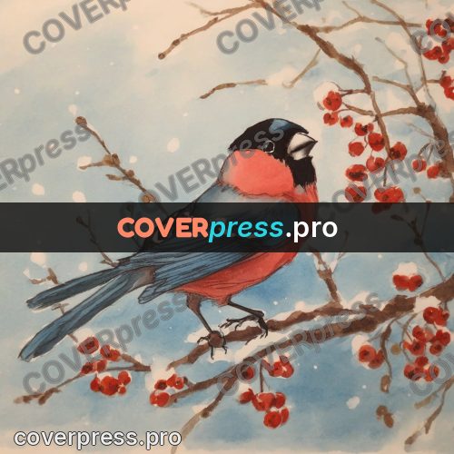 Miyazaki style illustration: bullfinch on a berry branch