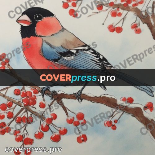Miyazaki style illustration: bullfinch on a berry branch