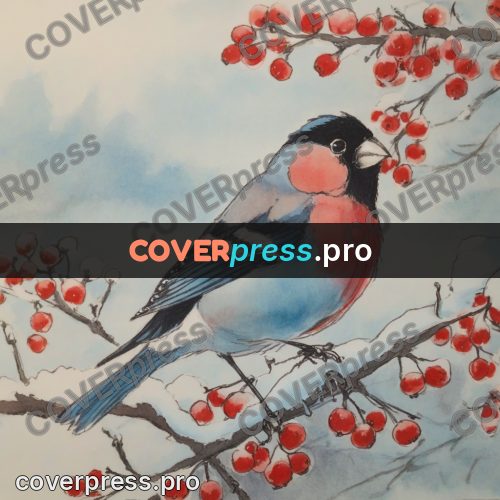 Miyazaki style illustration: bullfinch on a berry branch