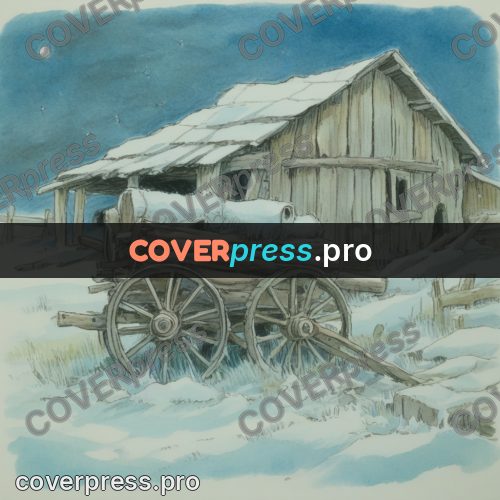 Miyazaki style illustration: cart by a wooden barn