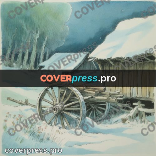 Miyazaki style illustration: cart by a wooden barn